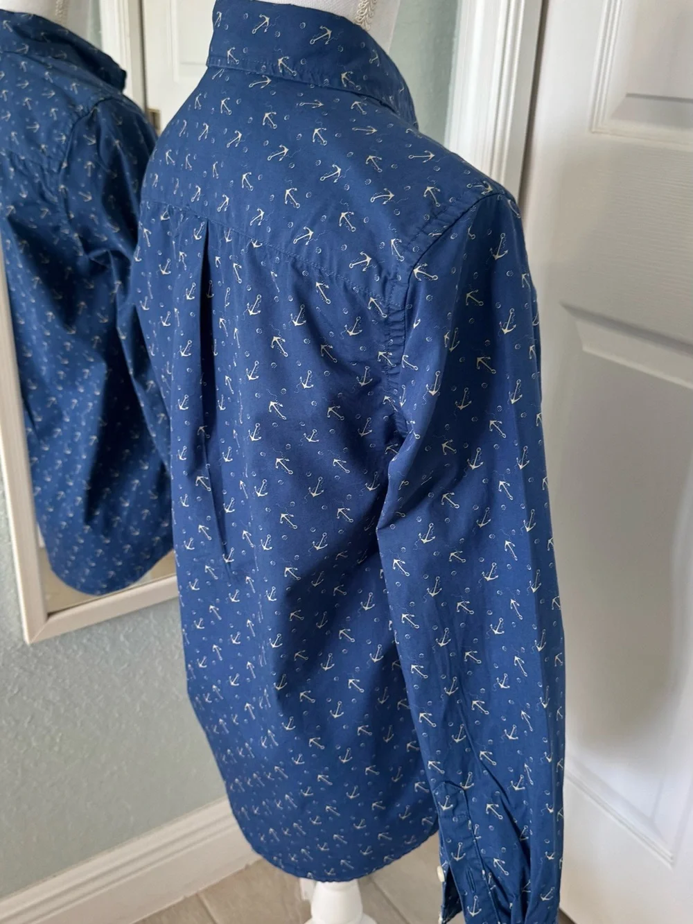 Ralph Lauren Blue Anchor Print Button Down Shirt Boys L 14-16 Women XS S